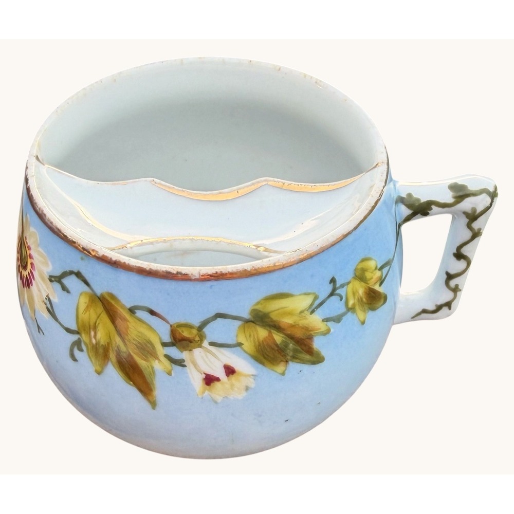 Antique Porcelain Mustache Cup Floral Blue German Victorian 1890-1910